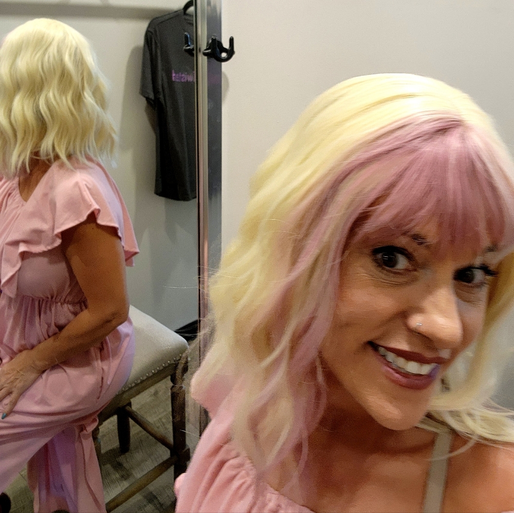 Wig/Blonde/Pink/ already cut and styled. Waves and few bangs, cut, ready to go
